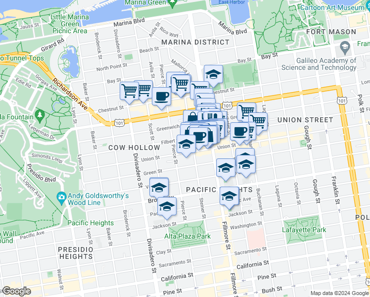 map of restaurants, bars, coffee shops, grocery stores, and more near 2306 Union Street in San Francisco