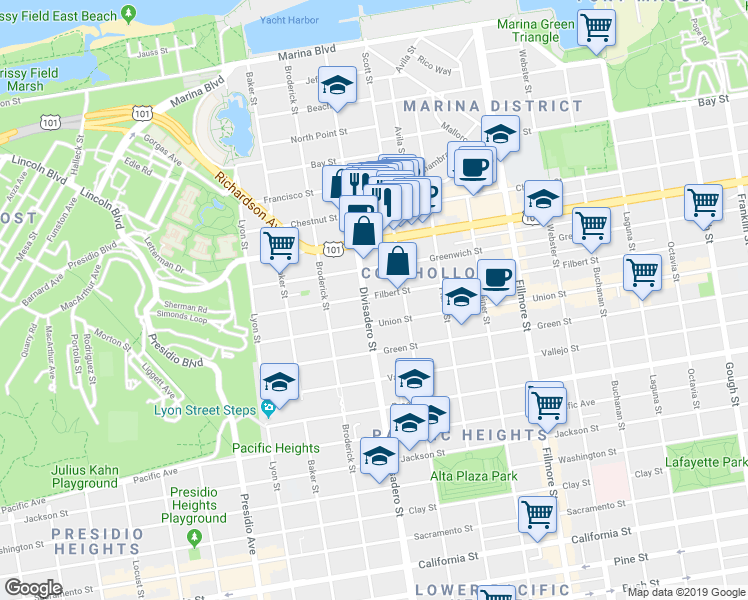 map of restaurants, bars, coffee shops, grocery stores, and more near in San Francisco