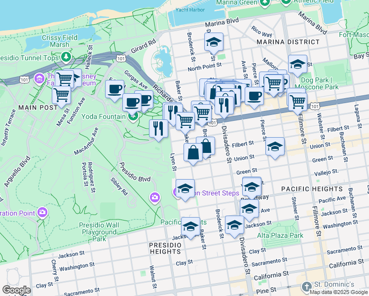 map of restaurants, bars, coffee shops, grocery stores, and more near 2850 Filbert Street in San Francisco