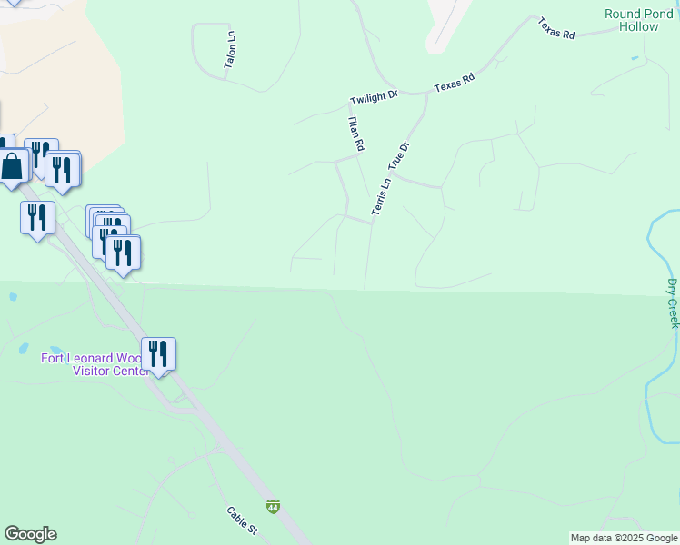 map of restaurants, bars, coffee shops, grocery stores, and more near 24998 Talladega Road in Saint Robert