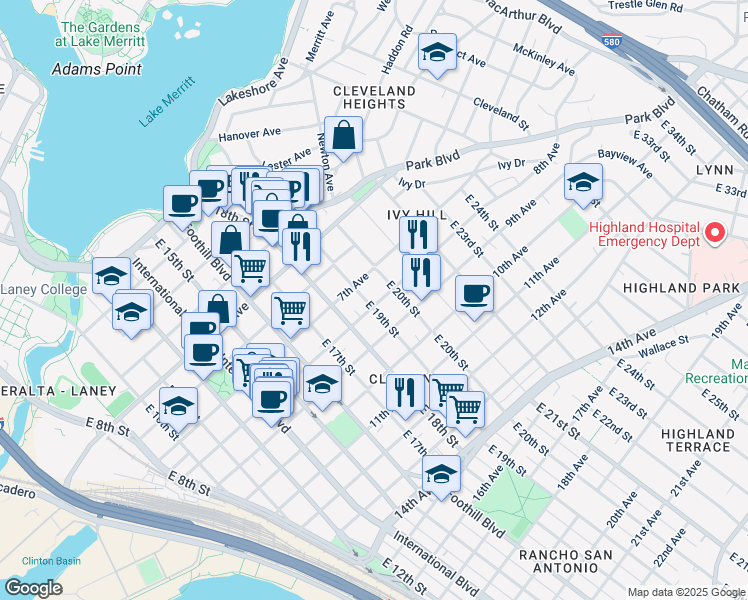 map of restaurants, bars, coffee shops, grocery stores, and more near 746 East 19th Street in Oakland