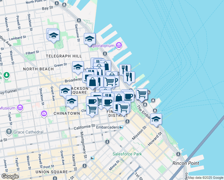 map of restaurants, bars, coffee shops, grocery stores, and more near Jackson Street & Davis Court in San Francisco