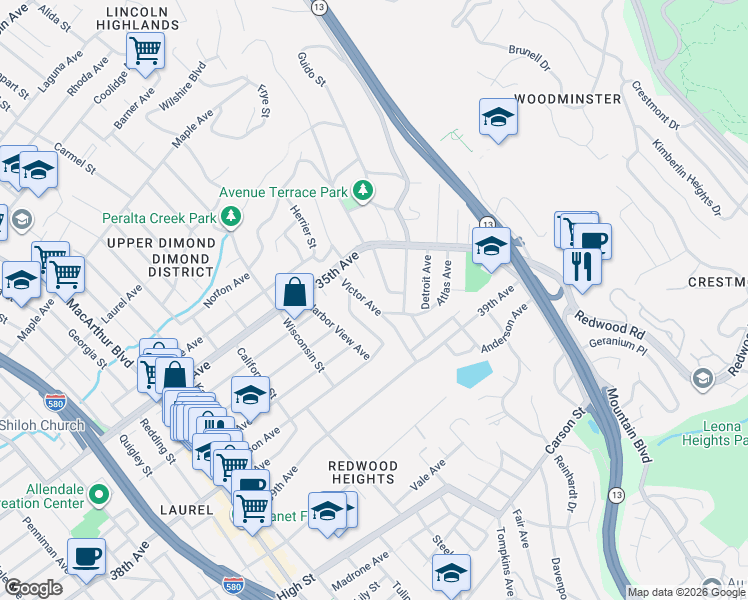 map of restaurants, bars, coffee shops, grocery stores, and more near 3636 Victor Avenue in Oakland