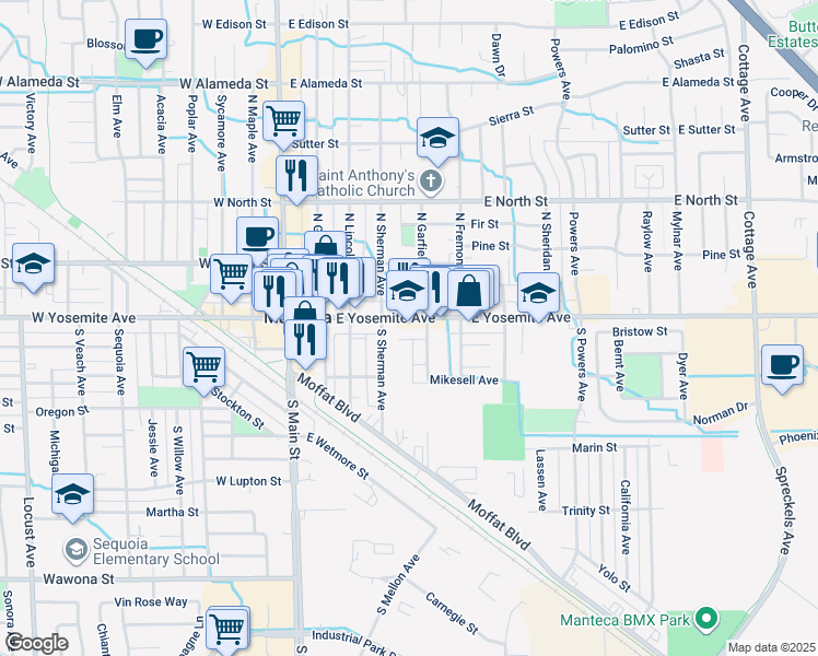 map of restaurants, bars, coffee shops, grocery stores, and more near 450 East Yosemite Avenue in Manteca