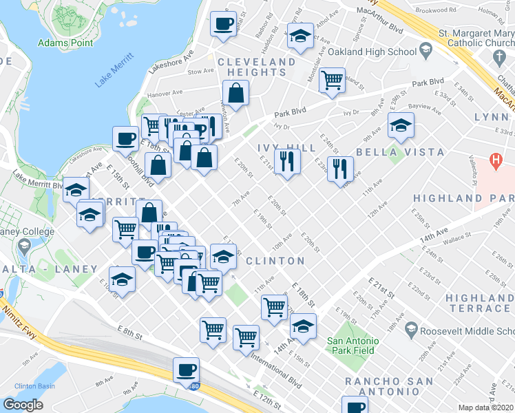 map of restaurants, bars, coffee shops, grocery stores, and more near 746 East 19th Street in Oakland