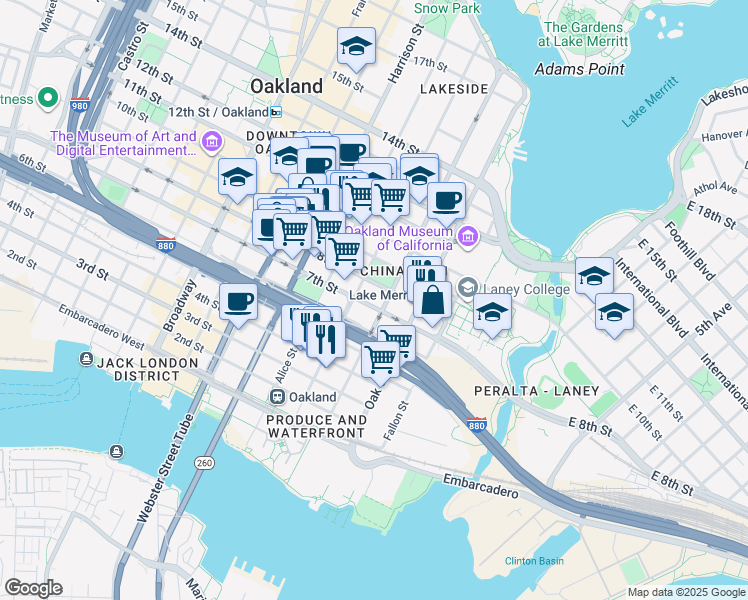 map of restaurants, bars, coffee shops, grocery stores, and more near 602 Jackson Street in Oakland