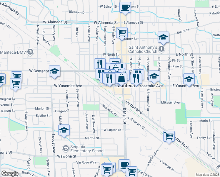 map of restaurants, bars, coffee shops, grocery stores, and more near 220 West Yosemite Avenue in Manteca