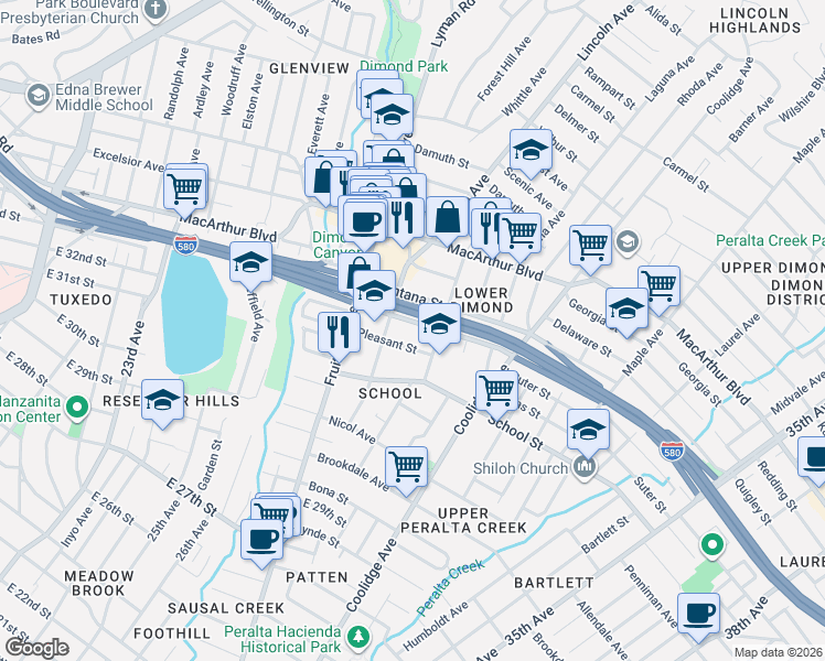 map of restaurants, bars, coffee shops, grocery stores, and more near 2639 Harold Street in Oakland
