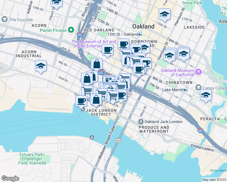 map of restaurants, bars, coffee shops, grocery stores, and more near 322 Broadway in Oakland