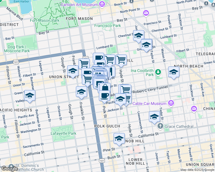 map of restaurants, bars, coffee shops, grocery stores, and more near 1440 Vallejo Street in San Francisco