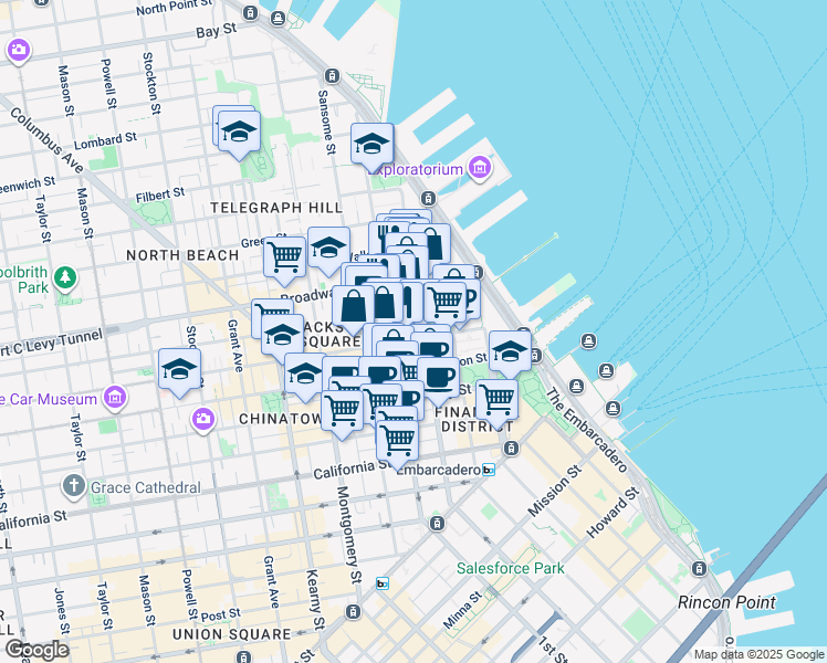 map of restaurants, bars, coffee shops, grocery stores, and more near 611 Front Street in San Francisco