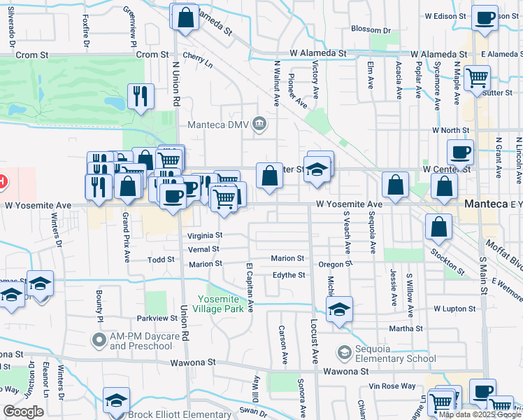 map of restaurants, bars, coffee shops, grocery stores, and more near 1000 West Yosemite Avenue in Manteca