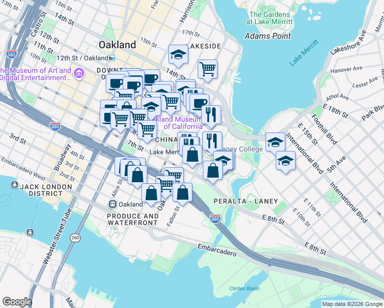 map of restaurants, bars, coffee shops, grocery stores, and more near in Oakland