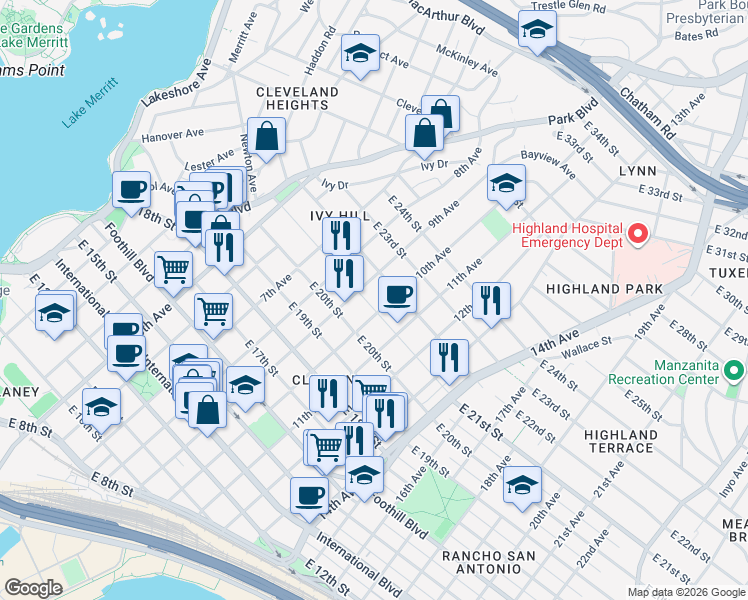 map of restaurants, bars, coffee shops, grocery stores, and more near 915 East 21st Street in Oakland