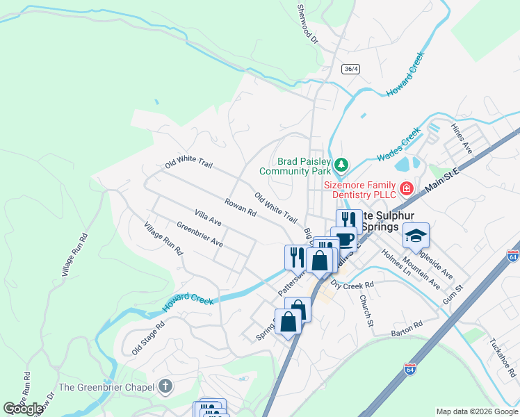 map of restaurants, bars, coffee shops, grocery stores, and more near 45-99 Rowan Road in White Sulphur Springs