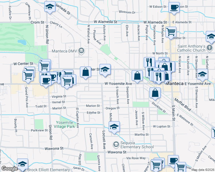map of restaurants, bars, coffee shops, grocery stores, and more near 714 West Yosemite Avenue in Manteca