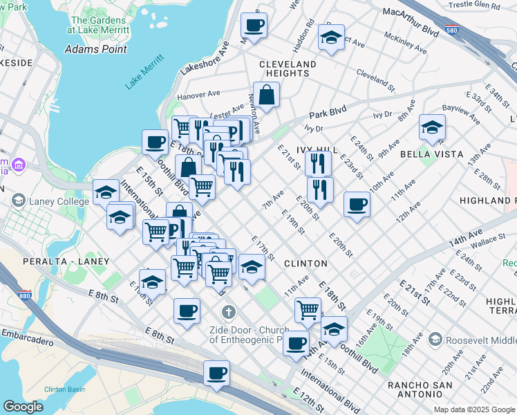 map of restaurants, bars, coffee shops, grocery stores, and more near 1807 7th Avenue in Oakland