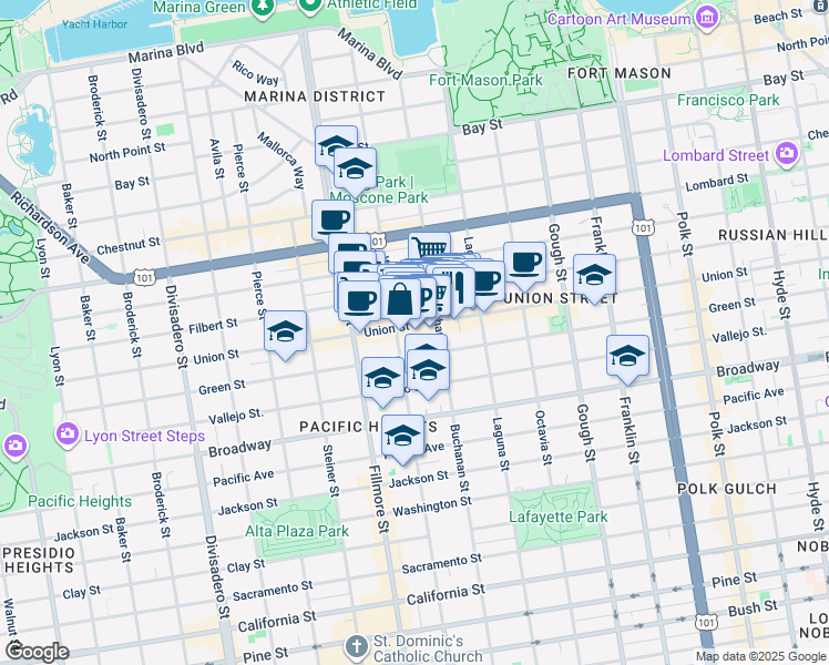 map of restaurants, bars, coffee shops, grocery stores, and more near 2055 Union Street in San Francisco