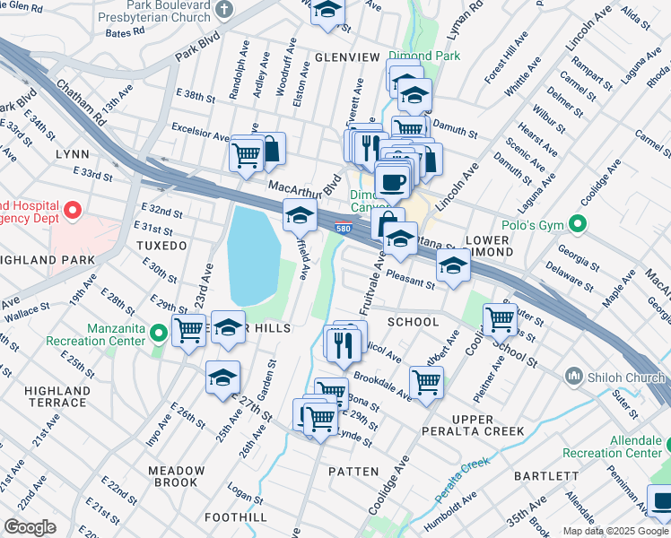 map of restaurants, bars, coffee shops, grocery stores, and more near 2459 Cordova Street in Oakland