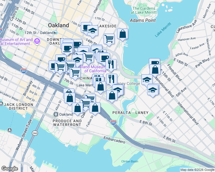map of restaurants, bars, coffee shops, grocery stores, and more near 2 9th Street in Oakland