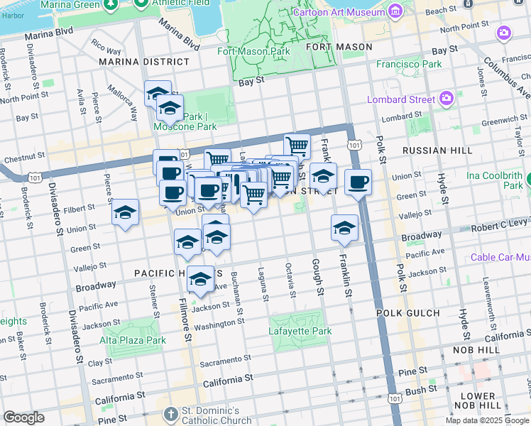 map of restaurants, bars, coffee shops, grocery stores, and more near 1878 Green Street in San Francisco