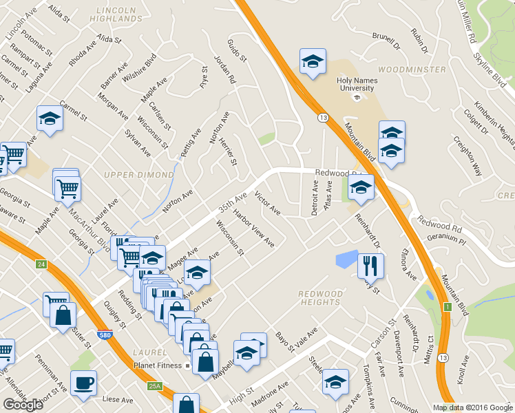 map of restaurants, bars, coffee shops, grocery stores, and more near 3611 Virden Avenue in Oakland
