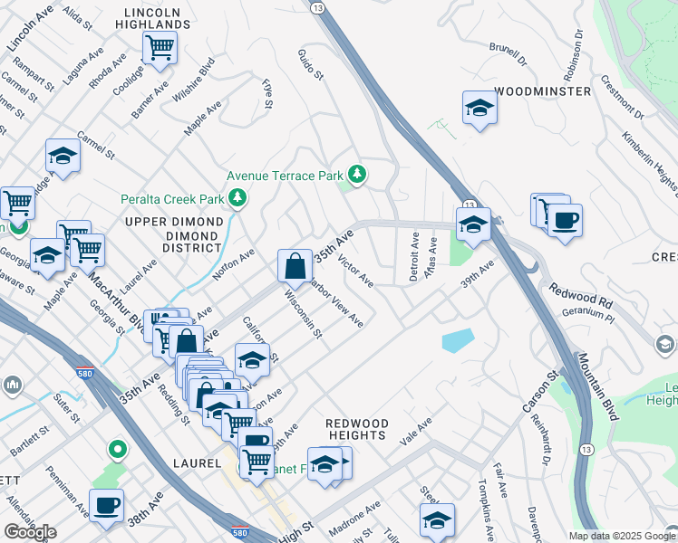 map of restaurants, bars, coffee shops, grocery stores, and more near 3611 Virden Avenue in Oakland