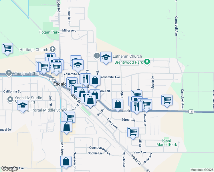 map of restaurants, bars, coffee shops, grocery stores, and more near 1402 Dent St in Escalon
