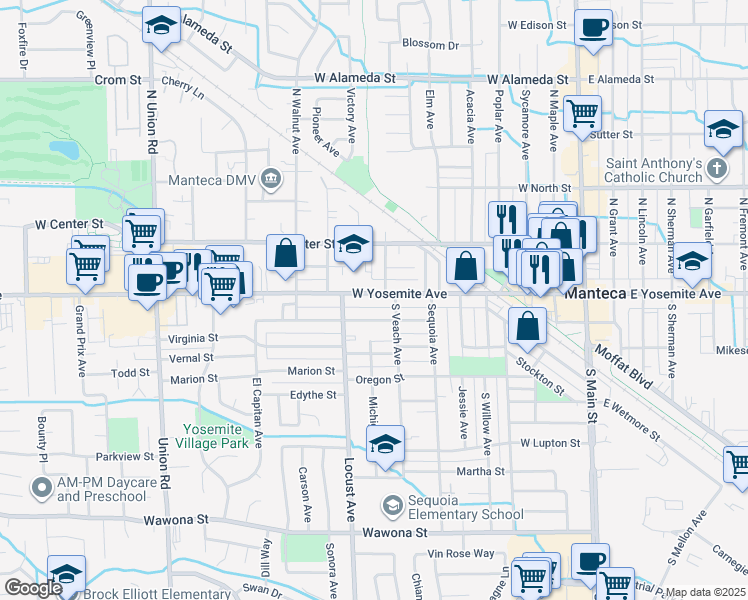 map of restaurants, bars, coffee shops, grocery stores, and more near 714 West Yosemite Avenue in Manteca