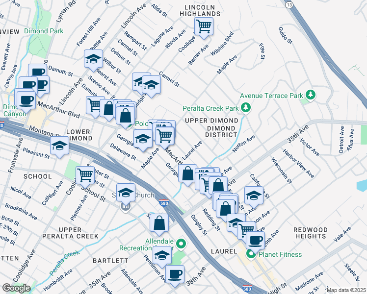 map of restaurants, bars, coffee shops, grocery stores, and more near 3059 Florida Street in Oakland