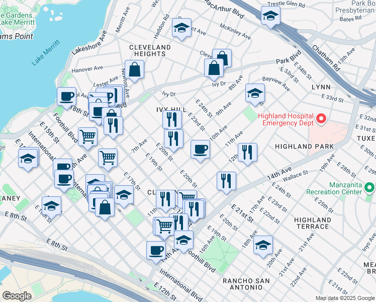 map of restaurants, bars, coffee shops, grocery stores, and more near 915 East 21st Street in Oakland
