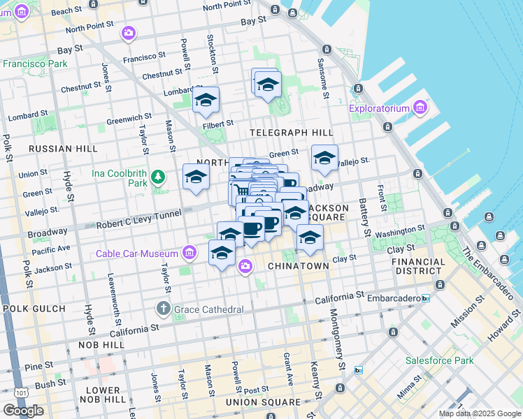 map of restaurants, bars, coffee shops, grocery stores, and more near 675 Broadway in San Francisco