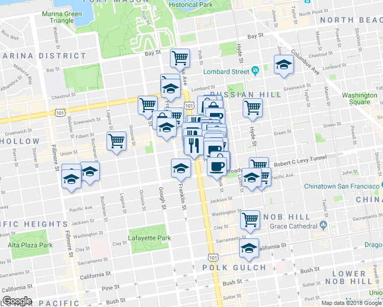 map of restaurants, bars, coffee shops, grocery stores, and more near 2300 U.S. 101 in San Francisco