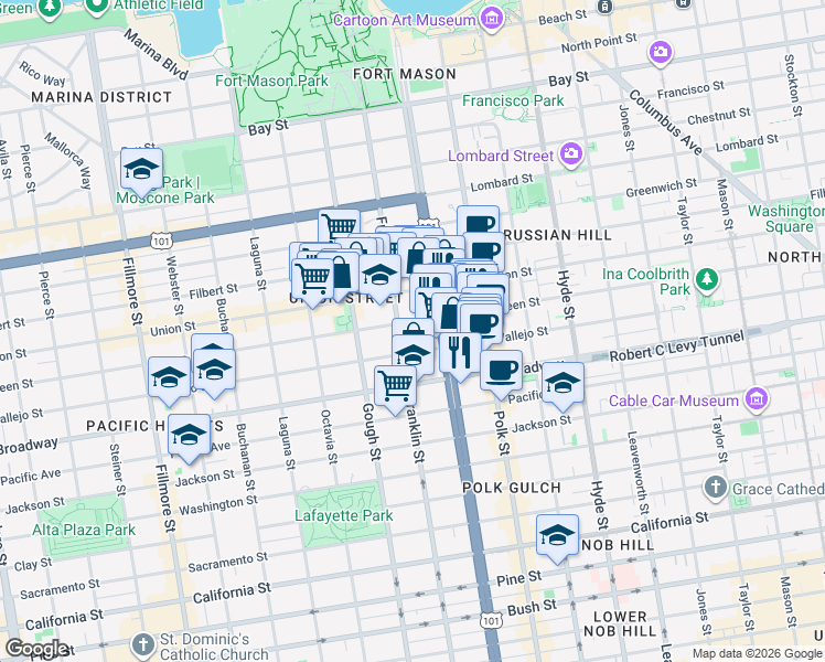 map of restaurants, bars, coffee shops, grocery stores, and more near in San Francisco