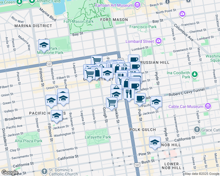 map of restaurants, bars, coffee shops, grocery stores, and more near in San Francisco