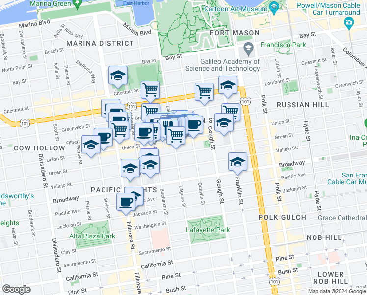 map of restaurants, bars, coffee shops, grocery stores, and more near 1878 Green Street in San Francisco