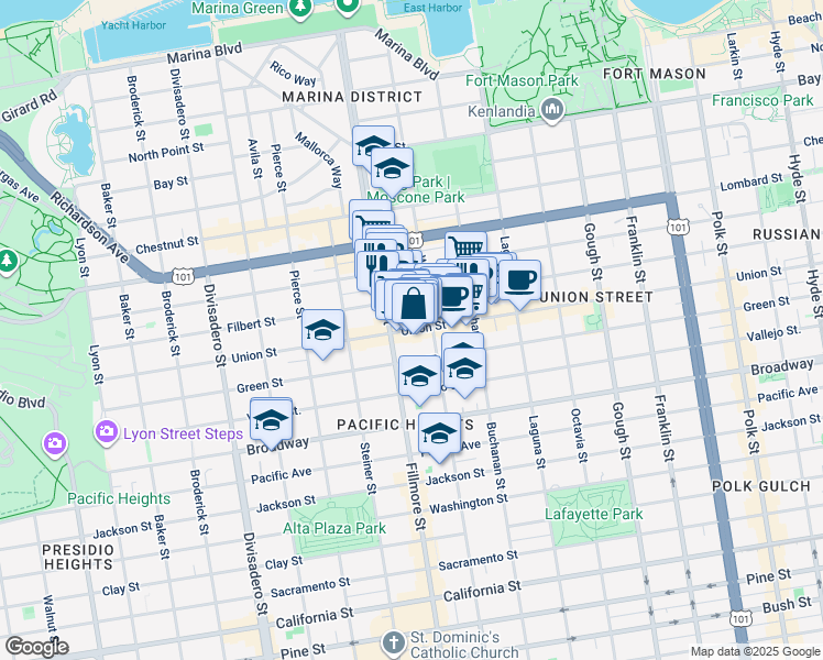 map of restaurants, bars, coffee shops, grocery stores, and more near 2914 Fillmore Street in San Francisco