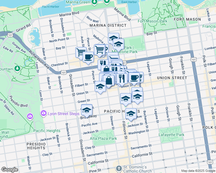 map of restaurants, bars, coffee shops, grocery stores, and more near 2306 Union Street in San Francisco