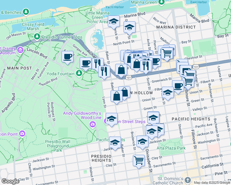 map of restaurants, bars, coffee shops, grocery stores, and more near 2762 Filbert Street in San Francisco