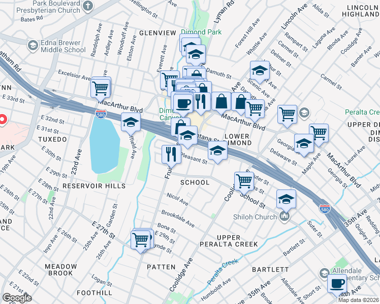 map of restaurants, bars, coffee shops, grocery stores, and more near 2718 Pleasant Street in Oakland