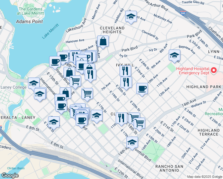 map of restaurants, bars, coffee shops, grocery stores, and more near 738 East 19th Street in Oakland