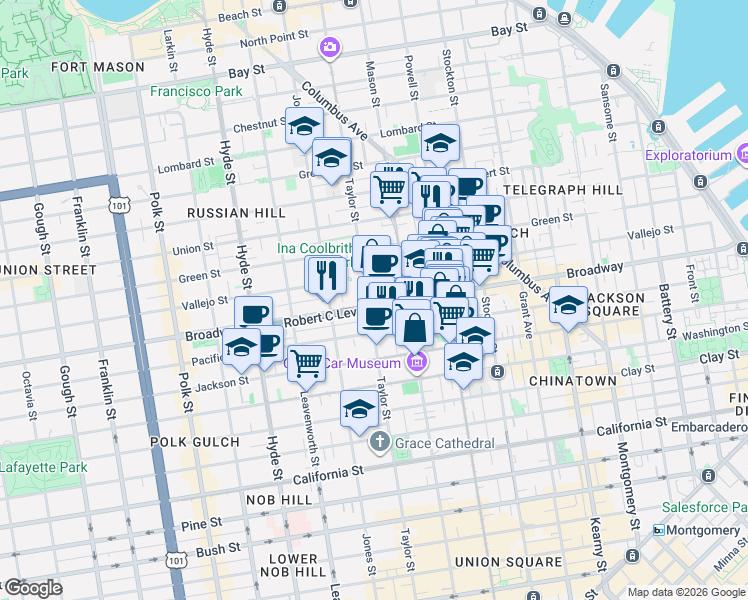 map of restaurants, bars, coffee shops, grocery stores, and more near in San Francisco