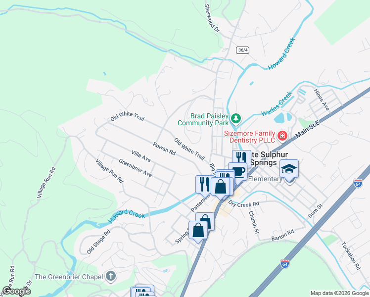 map of restaurants, bars, coffee shops, grocery stores, and more near 36-98 Old White Trail in White Sulphur Springs