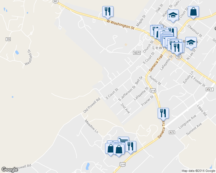 map of restaurants, bars, coffee shops, grocery stores, and more near 645 Church Street in Lewisburg