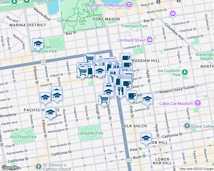 map of restaurants, bars, coffee shops, grocery stores, and more near 1599 Green Street in San Francisco