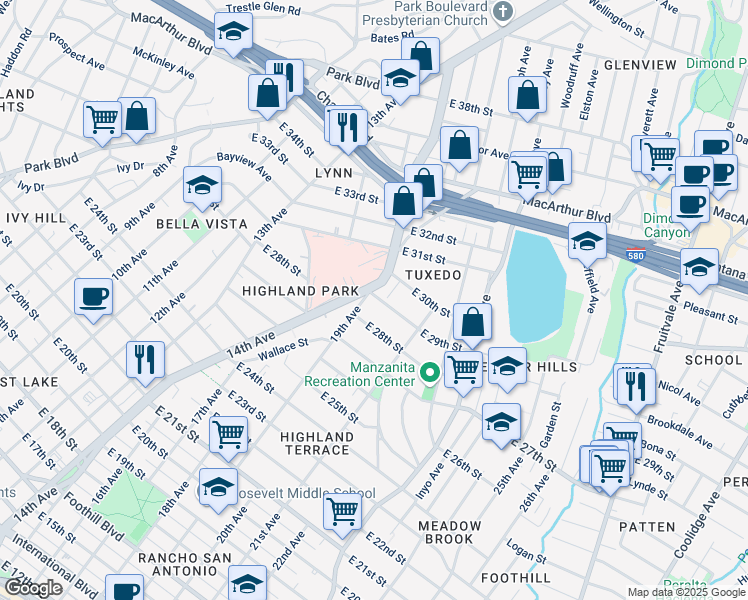 map of restaurants, bars, coffee shops, grocery stores, and more near 1905 East 29th Street in Oakland