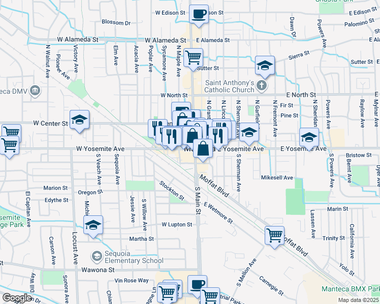 map of restaurants, bars, coffee shops, grocery stores, and more near in Manteca