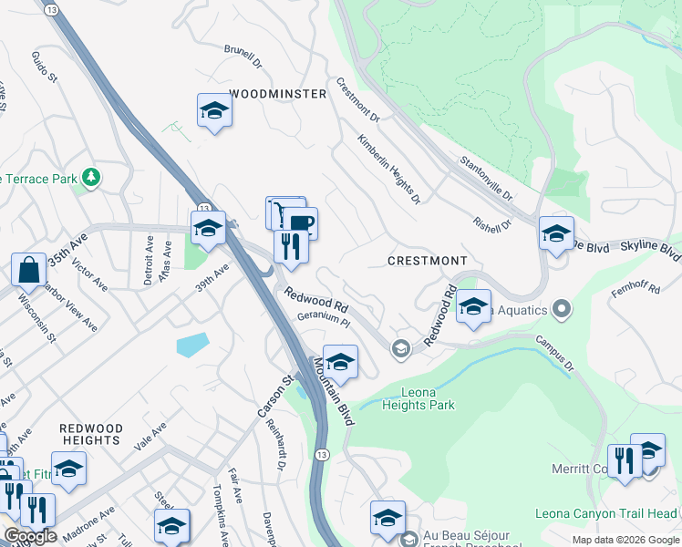 map of restaurants, bars, coffee shops, grocery stores, and more near 4320 Terrabella Way in Oakland