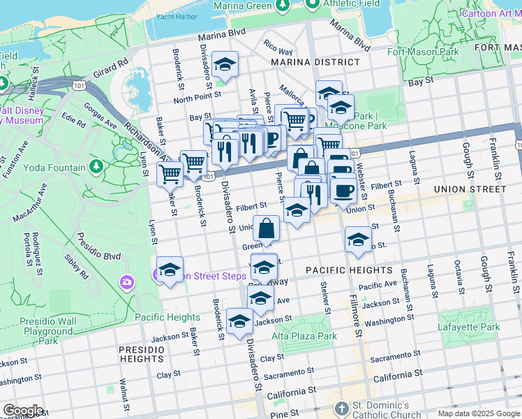 map of restaurants, bars, coffee shops, grocery stores, and more near 2958 Scott Street in San Francisco