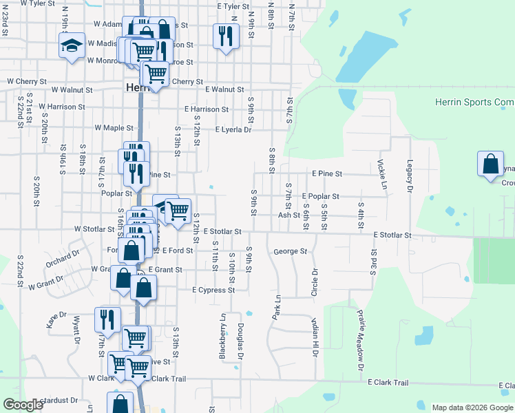 map of restaurants, bars, coffee shops, grocery stores, and more near 612 South 9th Street in Herrin